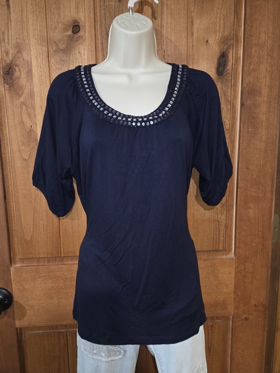 Apostrophe Tops - Apostrophe‎ Navy Scoop Neck Short Sleeve Top with Sequin Trim